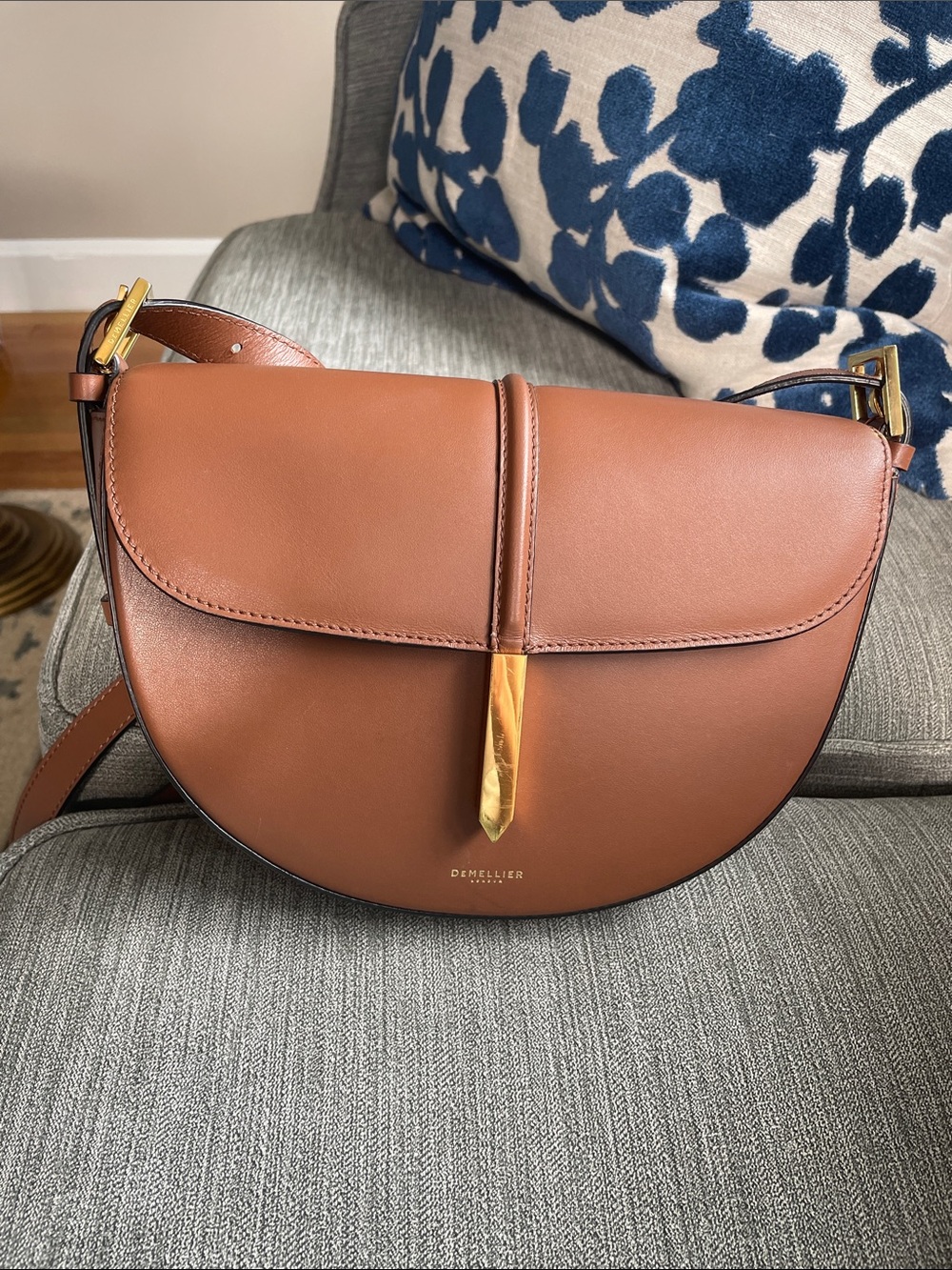 DeMellier Tokyo Brown Leather Crescent Crossbody with Gold Accent